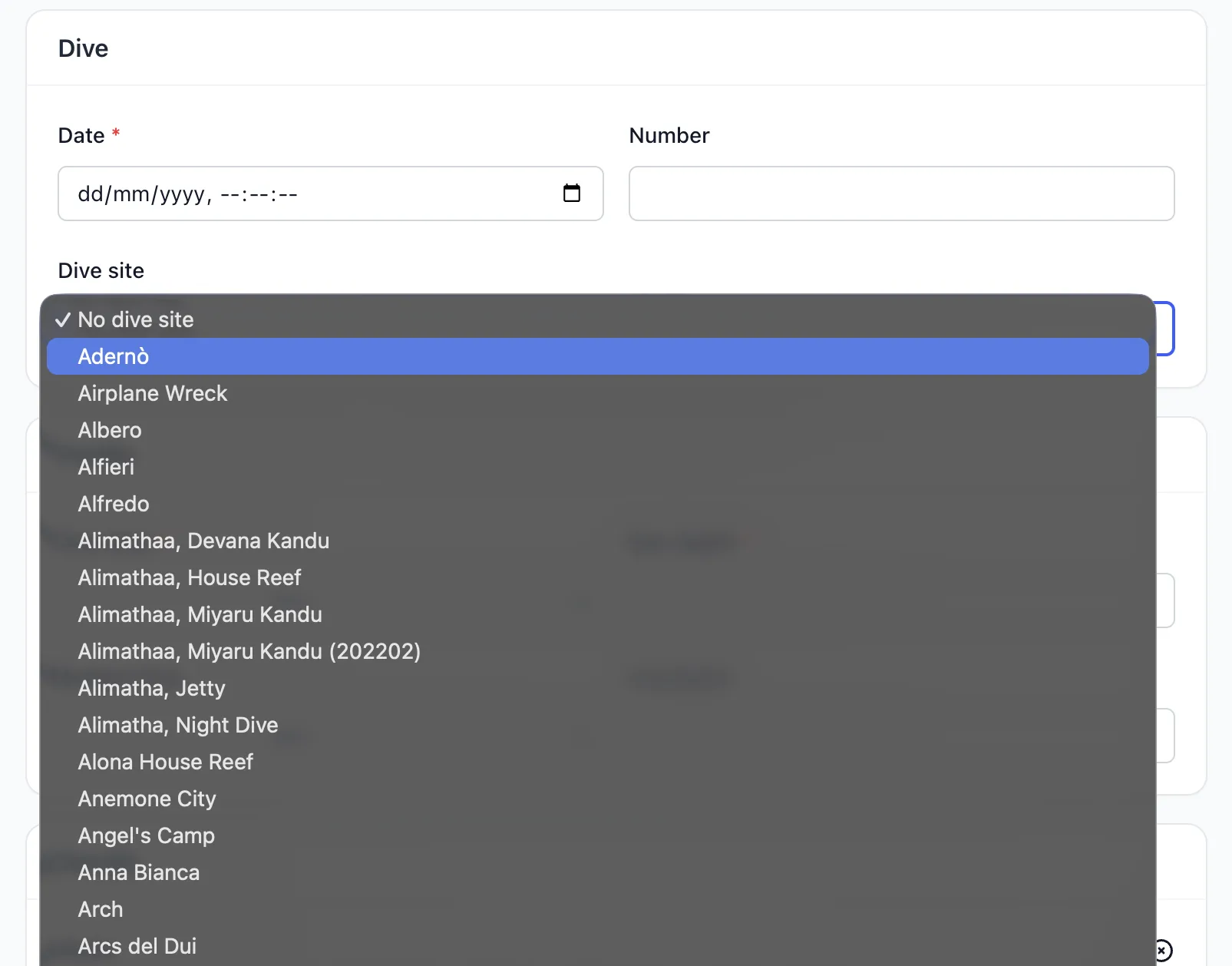The old dive site dropdown on the Divebase dive form, a long native list of site names with no way to search