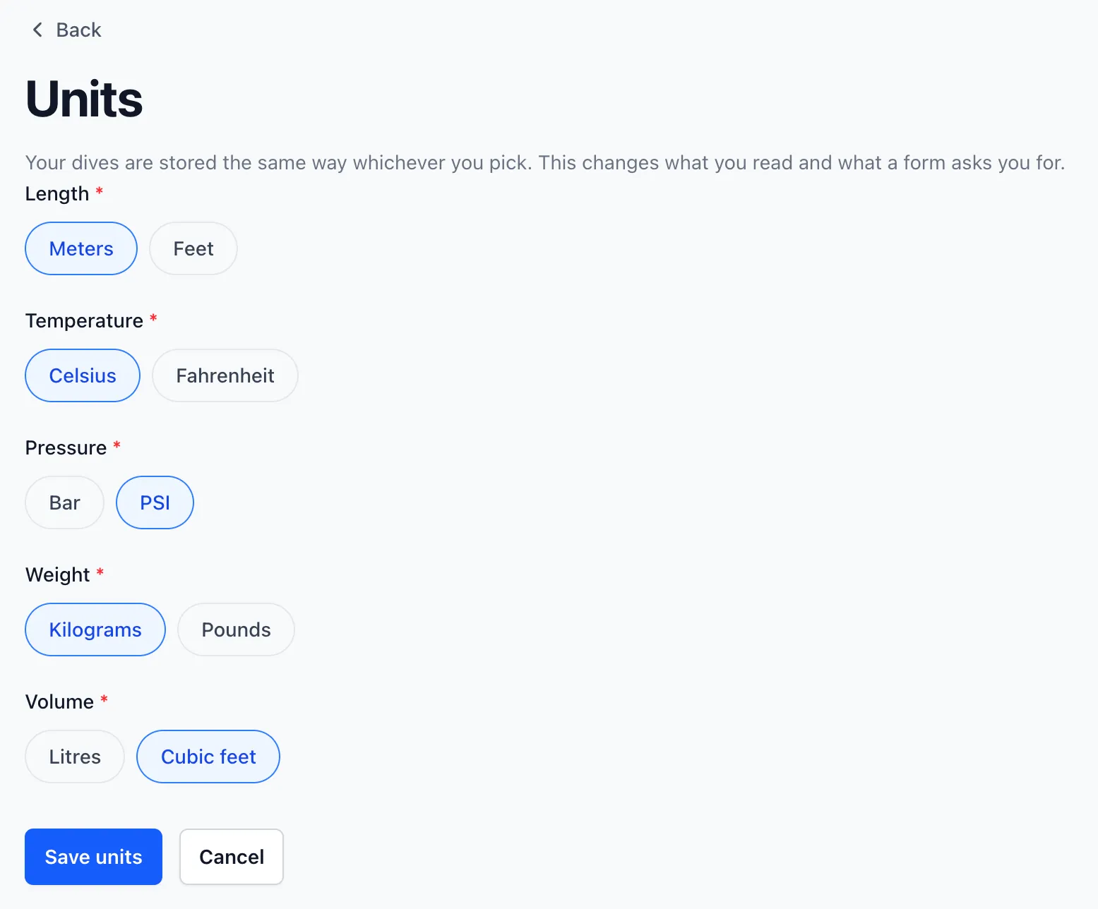 The Divebase Units settings screen with the new Volume row, Cubic feet picked alongside meters, Celsius, PSI, and kilograms