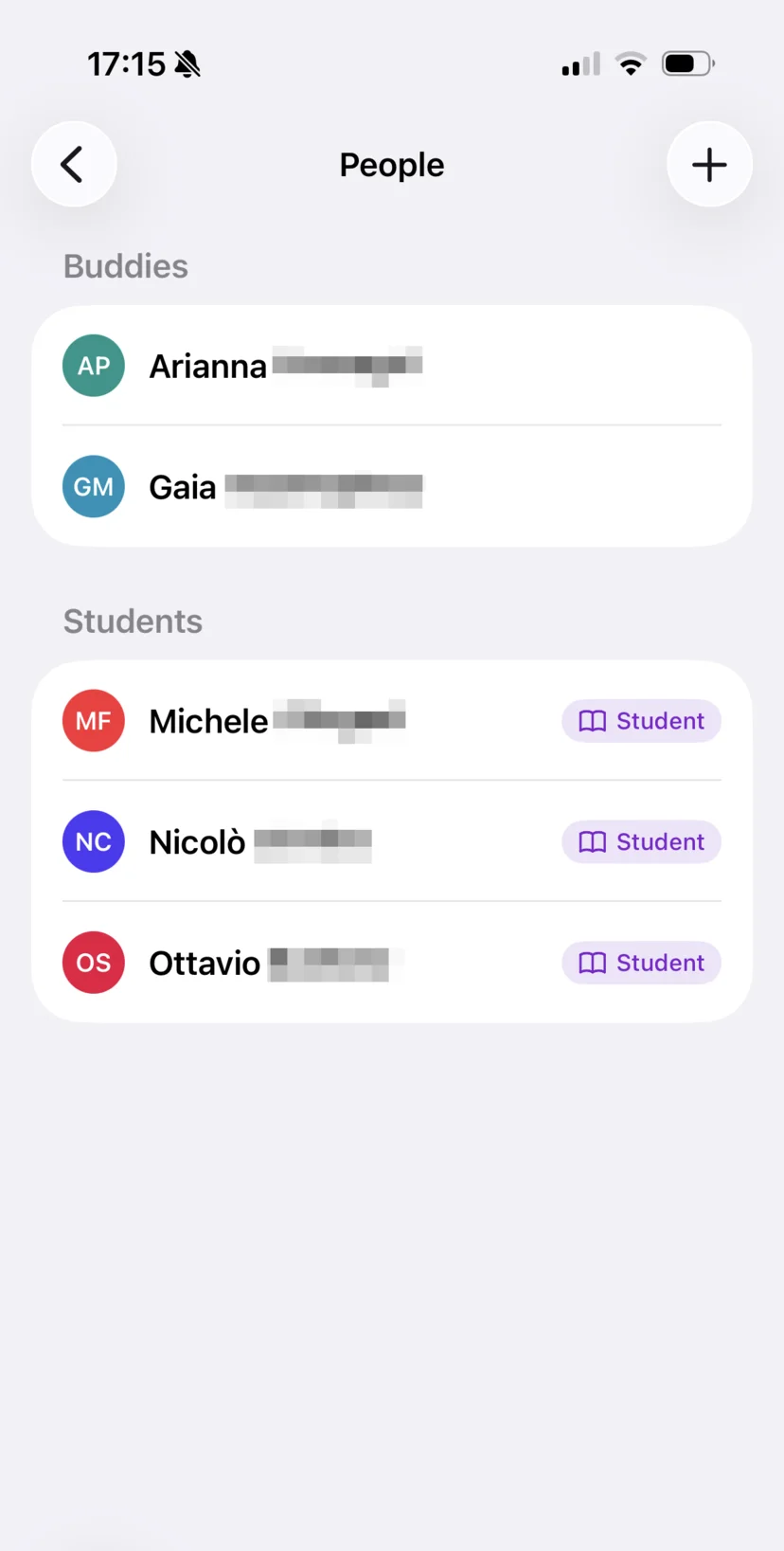 The People screen on the Divebase iPhone app, with two plain buddies and three students, each student with a Student chip