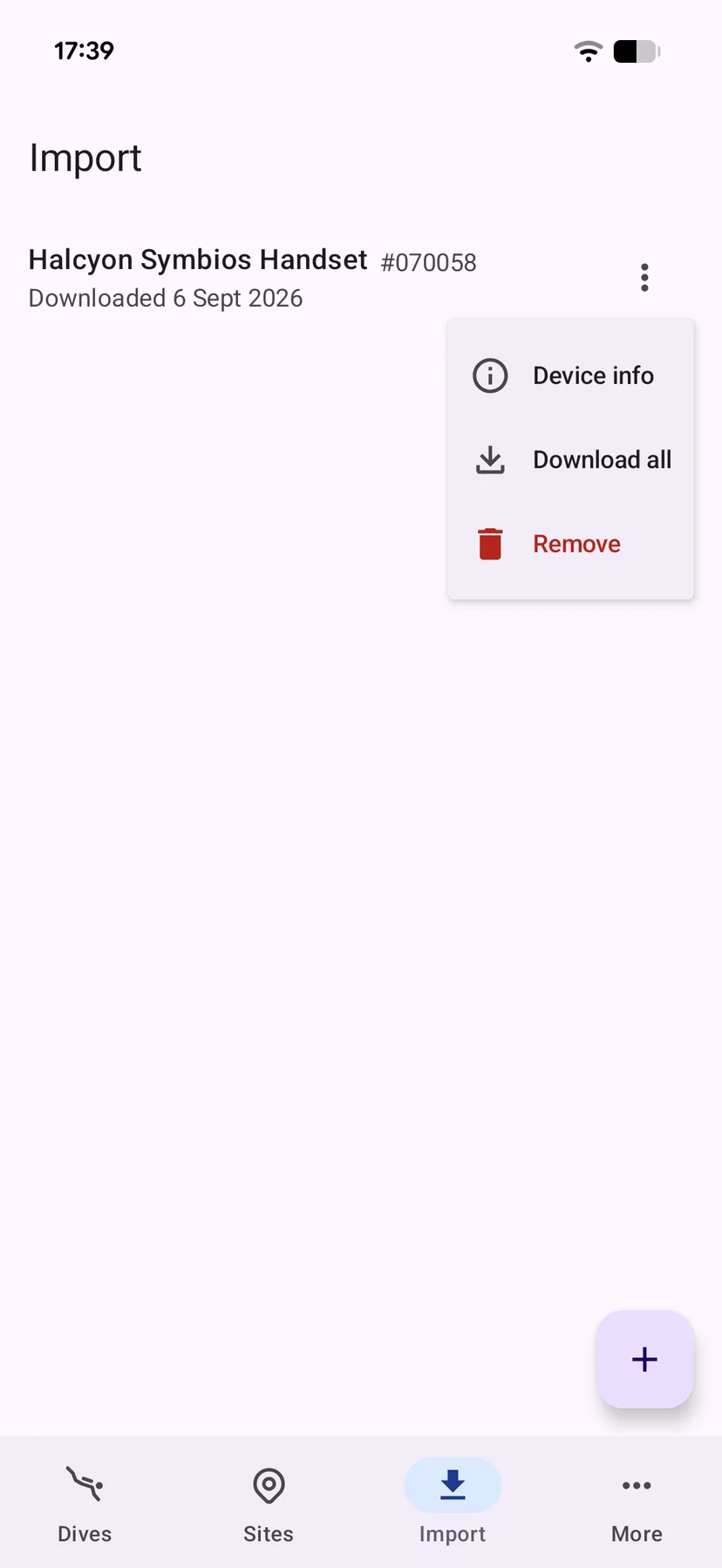 The Import tab on the Divebase Android app, with a paired Halcyon Symbios Handset and its Device info, Download all and Remove menu