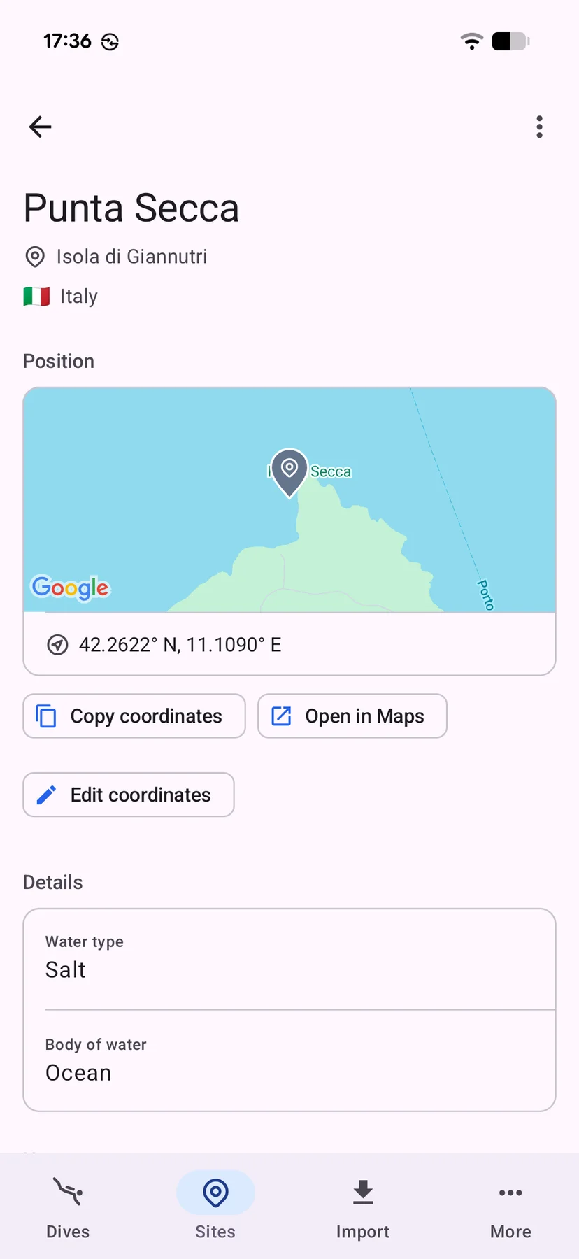The Punta Secca dive site on the Divebase Android app, with its position on the map at Isola di Giannutri and its coordinates