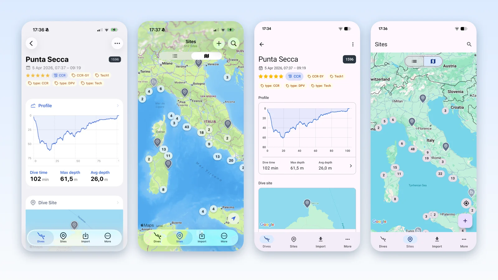 Divebase for iPhone and Divebase for Android side by side, each showing the Punta Secca dive with its depth profile and the dive sites map around Italy
