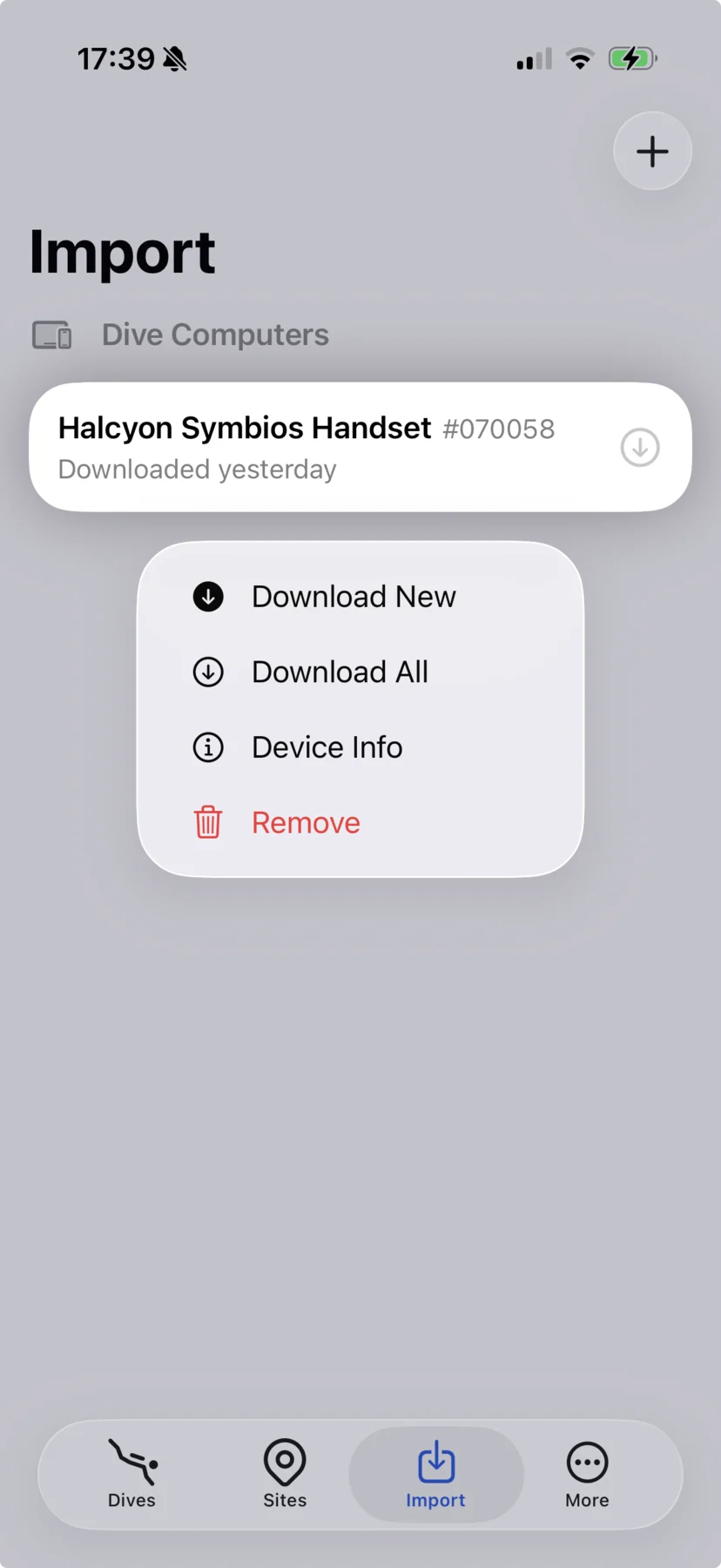The Import tab on the Divebase iPhone app, with a paired Halcyon Symbios Handset and its Download New, Download All, Device Info and Remove menu