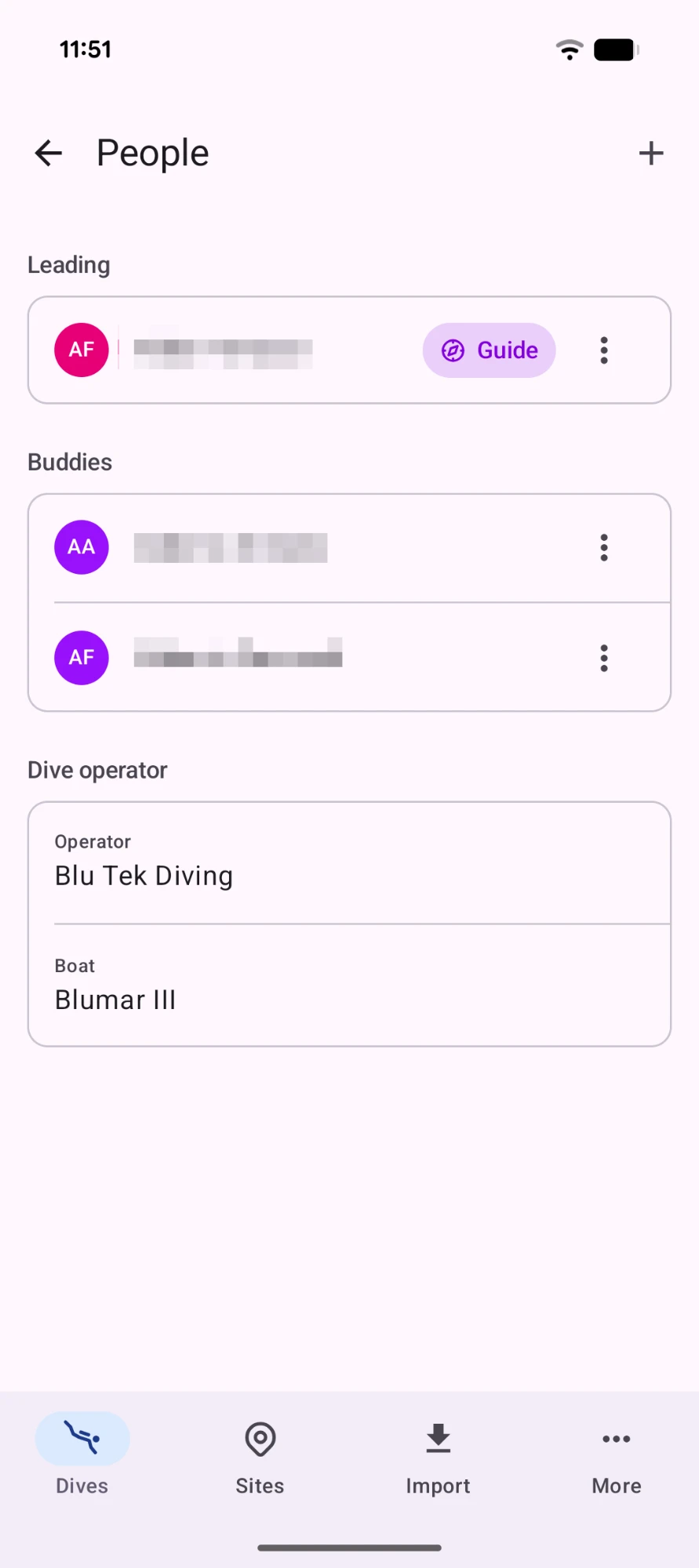 The People screen of a dive on the Divebase Android app, a guide and two buddies above a Dive operator card with Blu Tek Diving and the boat Blumar III