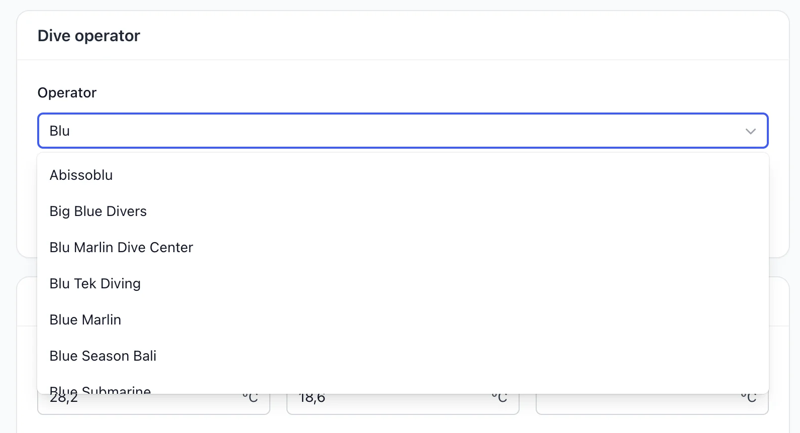 The Dive operator panel on the Divebase dive form, "Blu" typed in the Operator field and the suggestion list narrowed to the dive centers already in the logbook, from Abissoblu to Blue Submarine