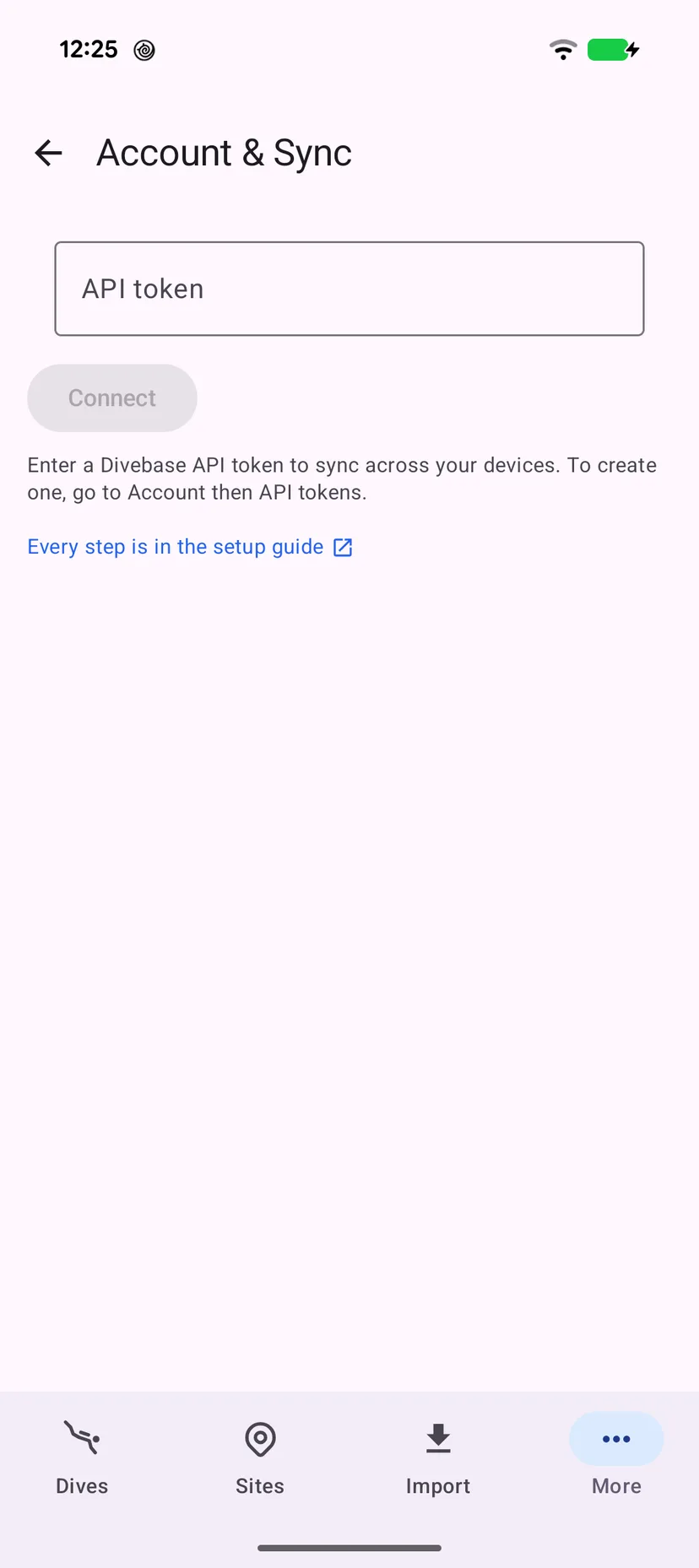 The Account and Sync screen on Android, with the API token field, the Connect button, and a link to this guide