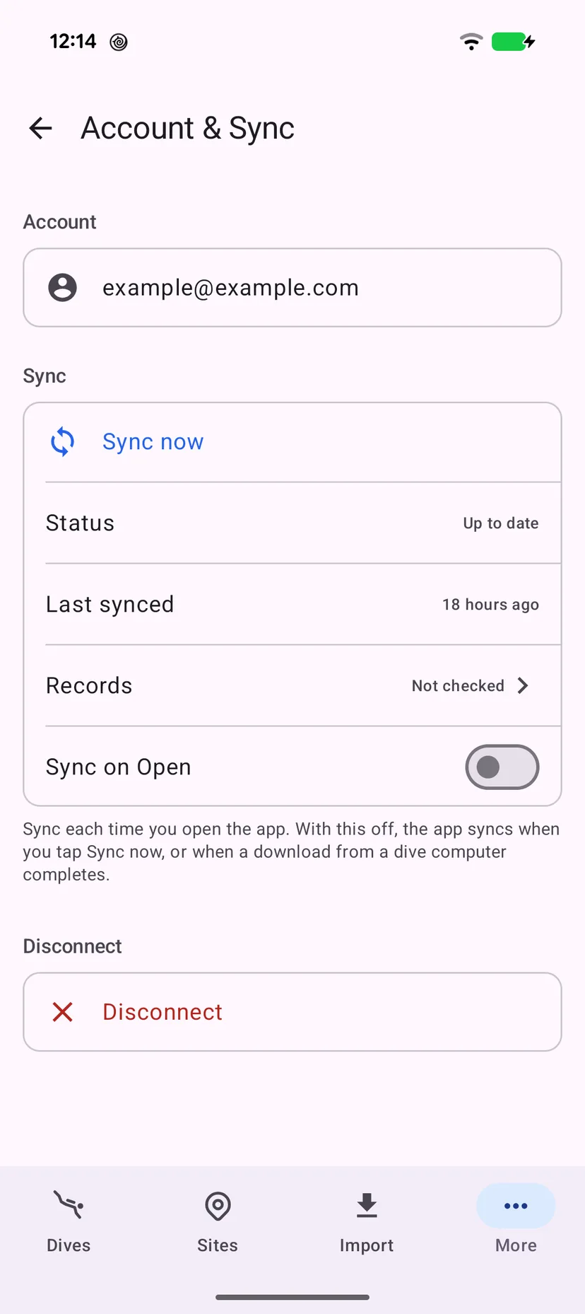 The Account and Sync screen after connecting, showing the account email, Sync now, the status, the last sync, the records row, and Disconnect