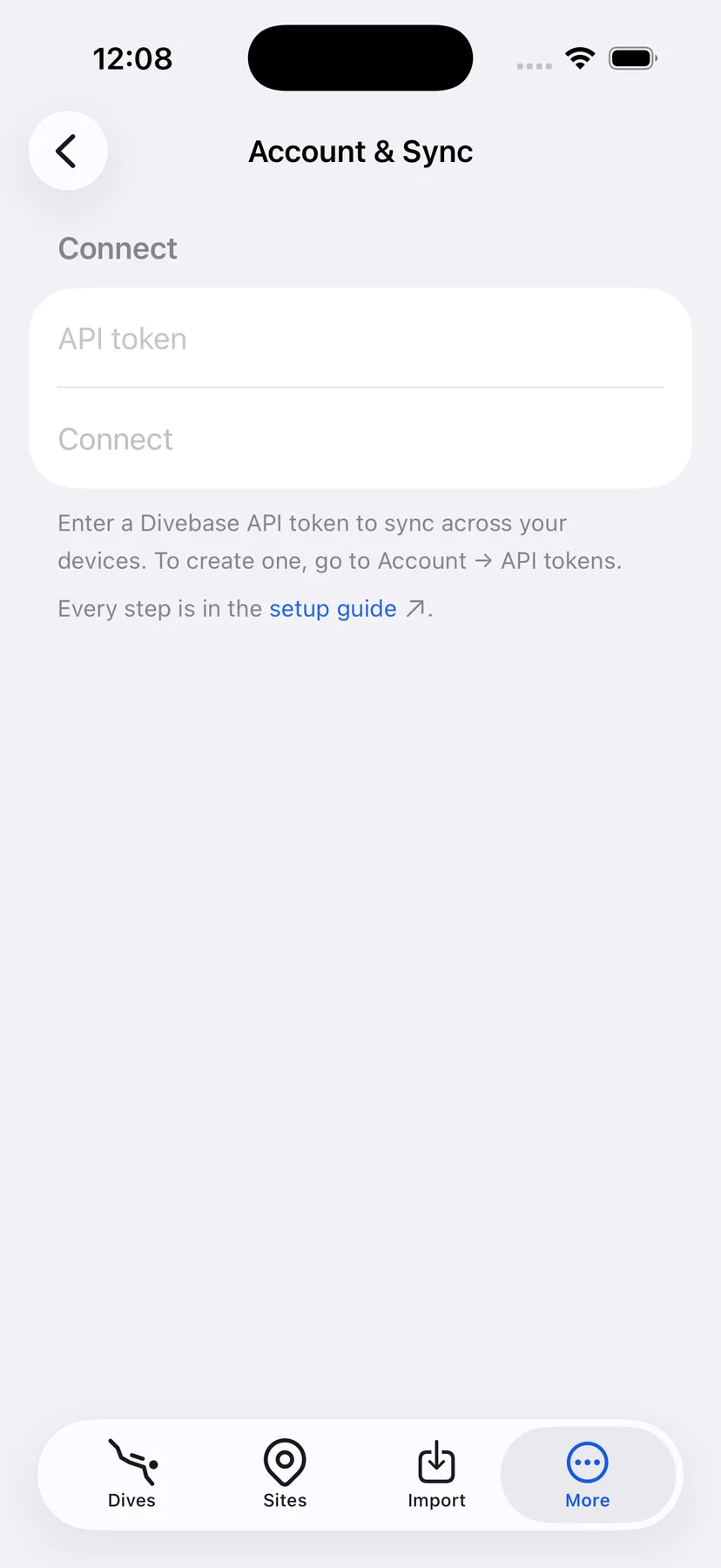 The Account and Sync screen on iPhone, with the API token field, the Connect button, and a link to this guide