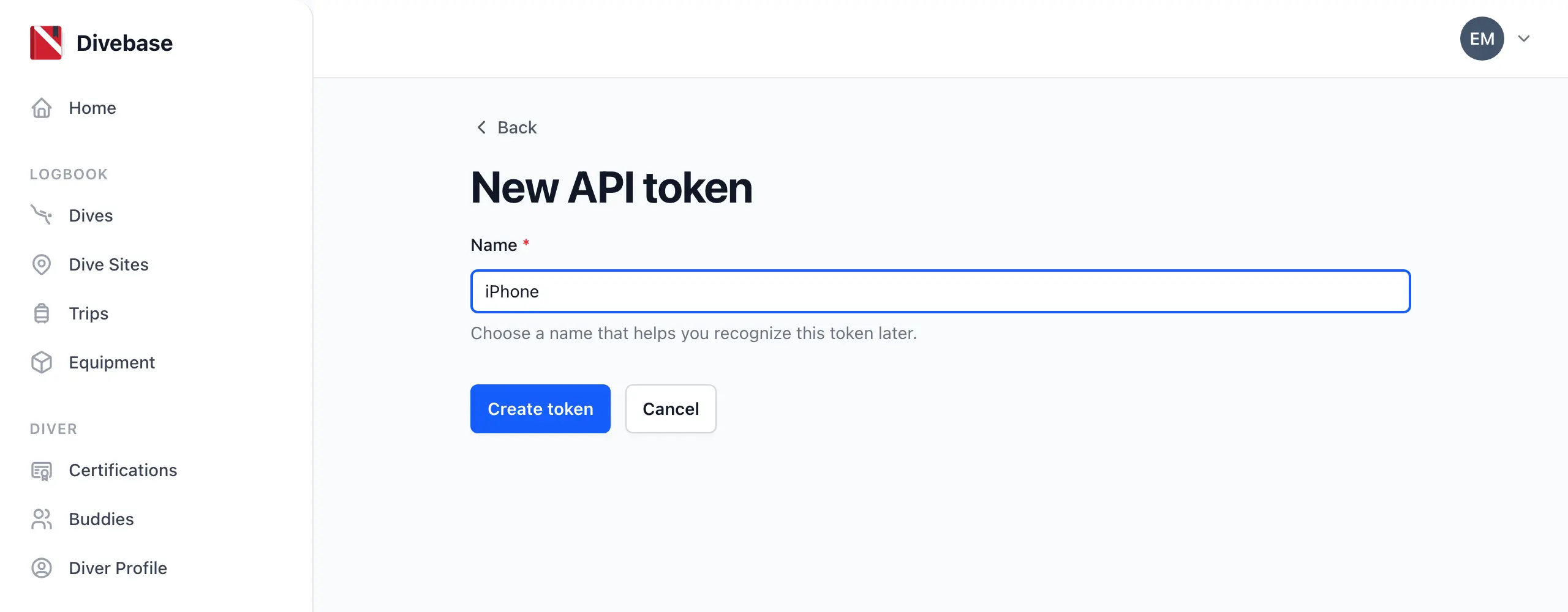 The new API token form, with a name field and a Create token button