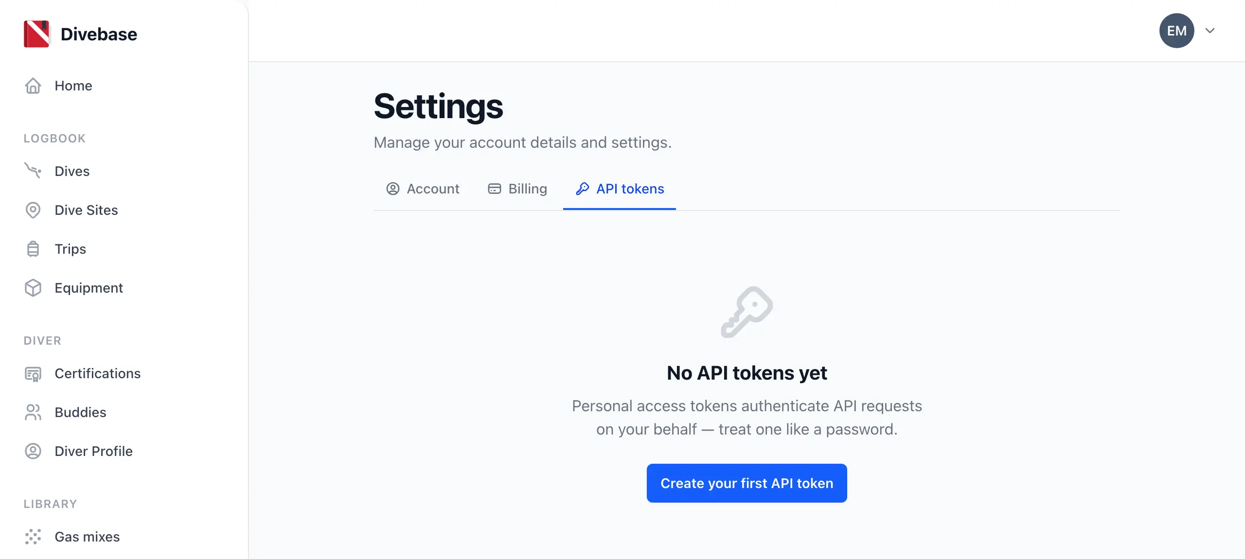 The API tokens tab in Divebase settings, on an account that holds no token yet
